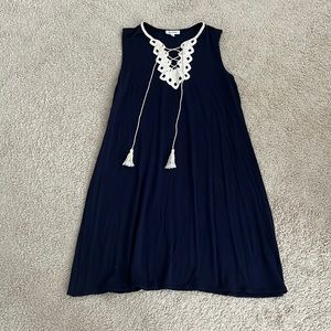 navy blue dress with cream crochet detailing